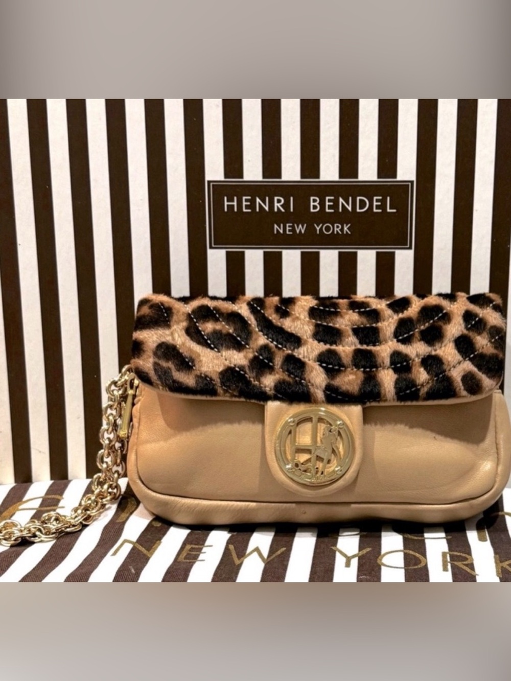 henri bendel Tan Leather Fold-Over Clutch with Leopard Print Trim